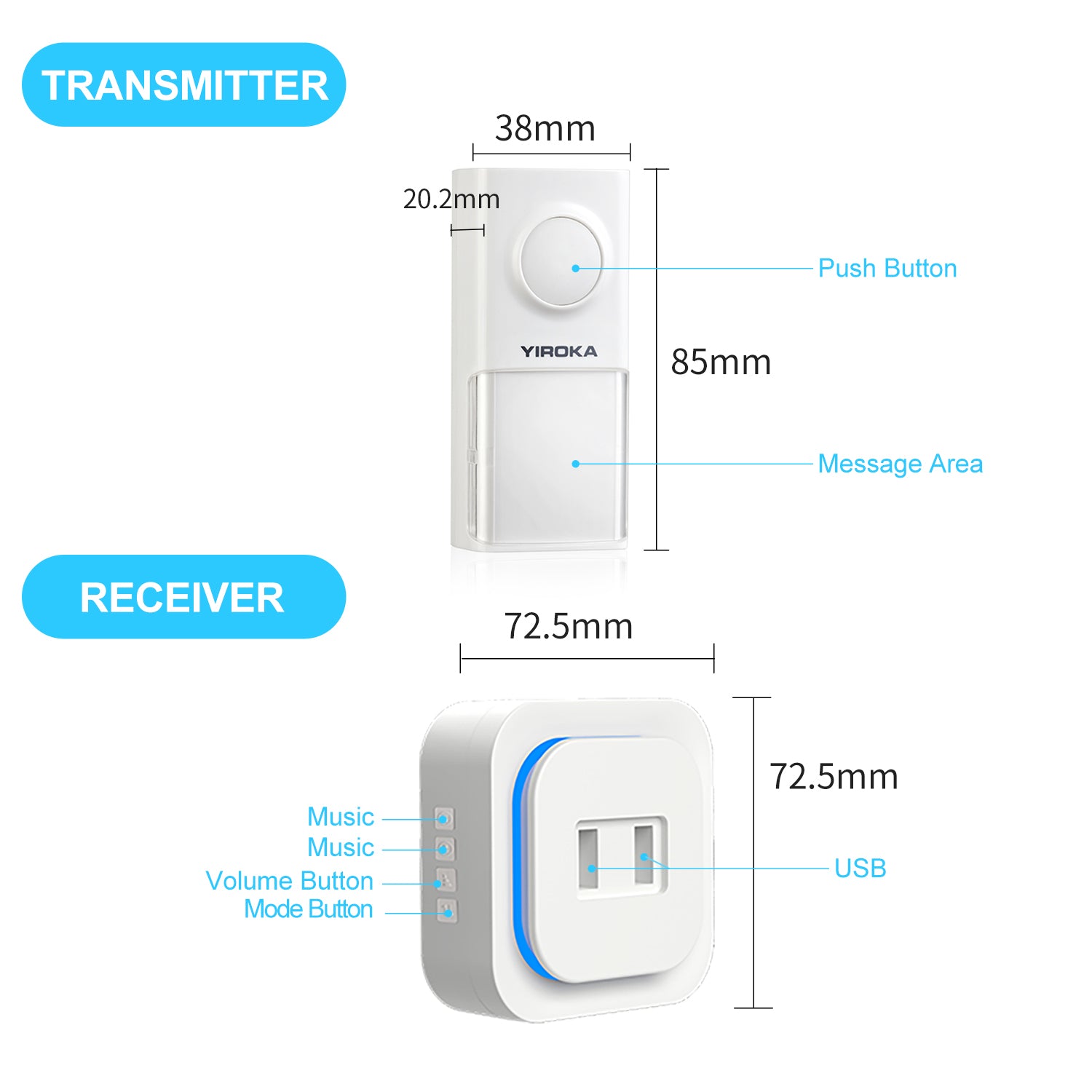 Wireless Doorbell Chimes Kit, for Home long range Waterproof DoorBells with Self Powered Push Button & 1 Plug in chimes with Extra 2 usb ports, 36 Chimes,4 Volume Levels & LED Flash